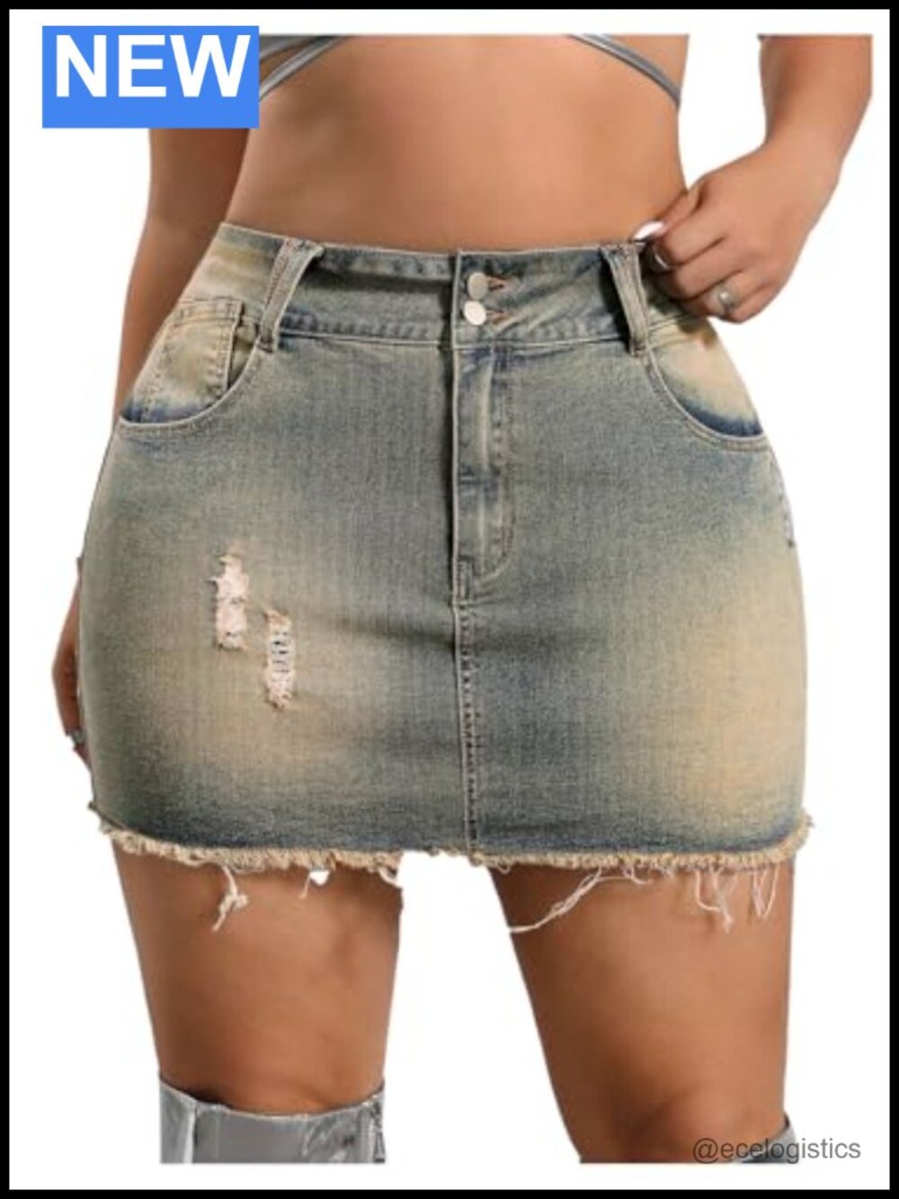 WDIRARA Plus Size Distressed Denim Mini Jean Skirt High Rise Raw Hem Y2K